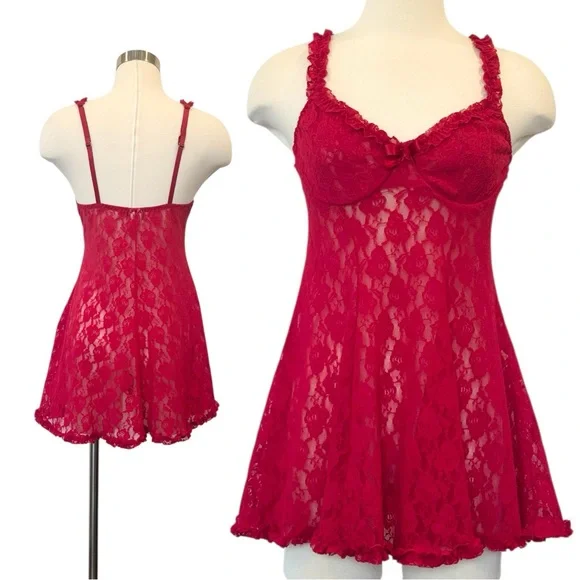 Cinema Etoile Cherry Red Stretch Lace Fit & Flare Babydoll Nightie Slip Dress M